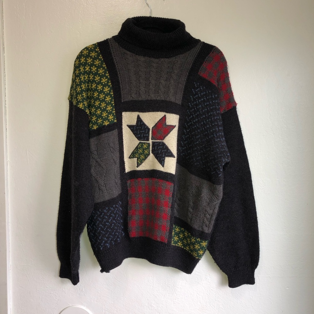 Colorful Patchwork argyle wool Blend Turtleneck S… - image 1
